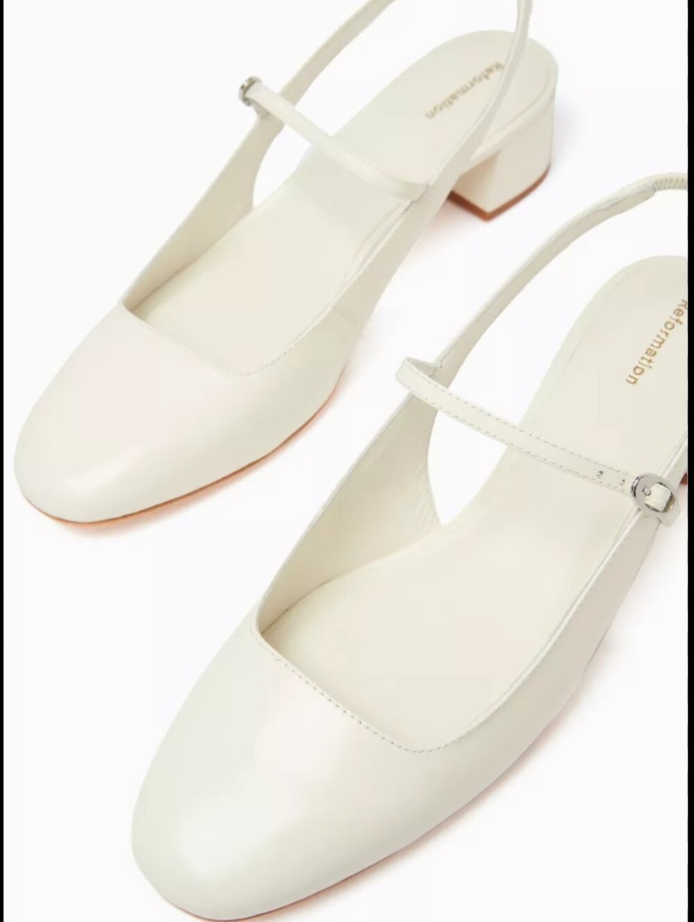 Reformation Maddox Cream Patent Leather Slingback Low Block Heel Round Toe Shoes - Picture 3 of 16